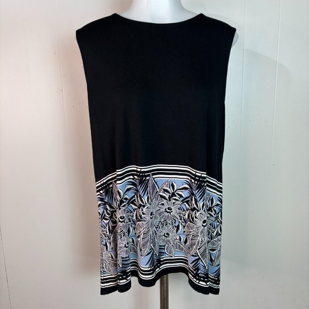 J. Jill Tank Top Medium Black Blue Floral Border Wearever Stretch Crossover Back